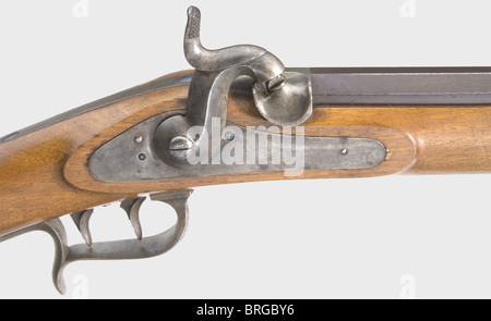 Un fusil de sniper à percussion Wild system.,canon brun à deux étages,octogonal tournant en rond,5 rainures de rifling en calibre 10.5 mm,vue avant en fer et goujon à baïonnette sur le côté. En position de canon centrale vue du quadrant de Hessian avec échelle gravée de 200 à 1000 pas. Serrure à percussion avec marques d'acceptation Hessian : couronne, couronnée 'l', '18' et monogramme de master 'AB'. Déclenchement allemand. Bois de noyer clair avec meubles en fer, timbre de couronne sur la protection de déclenchement, '18' sur le nez, 'l' et 'l' sur le stock. Longueur 127.5 cm. Condition d'armurerie. Modèle inconnu,probablement fusil d'essai,droits-supplémentaires-Clearences-non disponible Banque D'Images