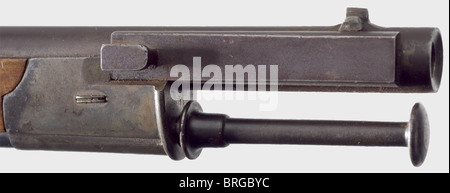 Un fusil de sniper à percussion Wild system.,canon brun à deux étages,octogonal tournant en rond,5 rainures de rifling en calibre 10.5 mm,vue avant en fer et goujon à baïonnette sur le côté. En position de canon centrale vue du quadrant de Hessian avec échelle gravée de 200 à 1000 pas. Serrure à percussion avec marques d'acceptation Hessian : couronne, couronnée 'l', '18' et monogramme de master 'AB'. Déclenchement allemand. Bois de noyer clair avec meubles en fer, timbre de couronne sur la protection de déclenchement, '18' sur le nez, 'l' et 'l' sur le stock. Longueur 127.5 cm. Condition d'armurerie. Modèle inconnu,probablement fusil d'essai,droits-supplémentaires-Clearences-non disponible Banque D'Images