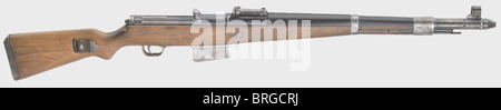 Un fusil à chargement automatique G 41(W), code 'ac 43', chargeur de buse de gaz, calibre 8 x 57, n° 1207. Correspondance complète des numéros. Alésage toujours bon. Produit par Walther,Zella-Mehlis. 10 photos. Vue arrière coulissante avec échelle 1 - 12. Nervure de l'oscilloscope pour l'oscilloscope 40 avec un agrandissement de 1.5. Toutes les pièces sont acceptées aigle/'359'. Bleuissement original, défauts plus profonds sur le boîtier de boulon, support de prévoyance, raccords et fente de magasin avec magasin, piqûres partiellement faibles. Papier laminé presque impeccable avec protège-main bakélite noir. Complet avec sangle, tige de nettoyage et protection de vue avant. Bon, droits supplémentaires, garanties, non disponible Banque D'Images