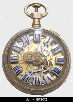 Une montre de poche squelette, français(?), vers 1830 montre de poche argent avec dos en verre. L'étui est légèrement doré. Séparer les numéros d'émail bleu foncé, les mains dorées Louis XV jeweled (la main minute est probablement un remplacement). Carillon toutes les quart d'heure avec un mécanisme de frappe à deux tons. Doré, double mouvement de plaque complète, fuite de fusée et réserve de puissance. Roue d'équilibrage avec couvercle en filigrane doré. Diamètre du boîtier env. 58 mm. Non testé pour le fonctionnement. Clé manquante.,historique,historique,19e siècle,artisanat,artisanat,artisanat,artisanat,objet,objets,photos,découpe,droits-supplémentaires-Clearences-non disponible Banque D'Images