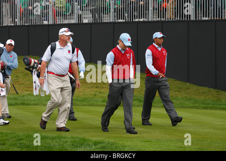 Les golfeurs américains sur le premier jour de pratique de la Ryder Cup en 2010, la Celtic Manor, Newport, Pays de Galles Banque D'Images