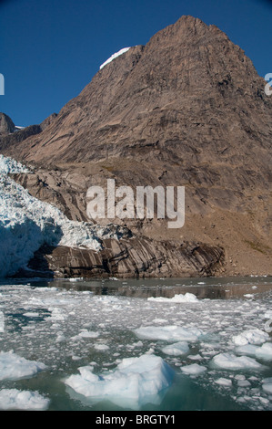 Le Groenland, côte sud-est, Skjoldungen Fjord. Le recul des glaciers. Banque D'Images