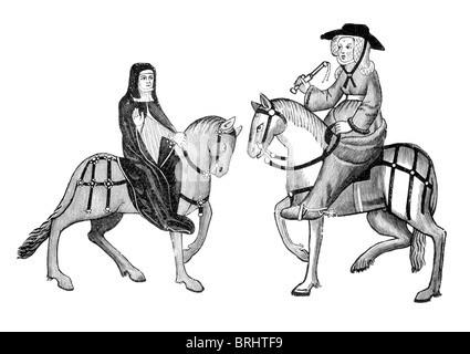 Illustration noir et blanc ; la Prieure et la femme de Bath, à partir de l'autographe d'Ellesmere, les Contes de Canterbury Banque D'Images