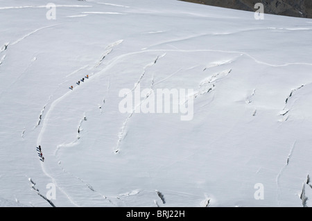 Deux groupes voyageant à travers l'crevassed glacier de Tsena Refien, ci-dessous la Pigne d' Arollain les Alpes Suisses Banque D'Images