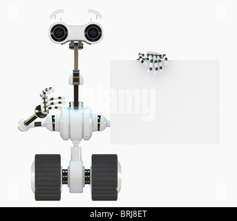Cool robot cyborg montre sur le plateau vide. Assistant robotique moderne blanc rend la présentation d'affaires Banque D'Images