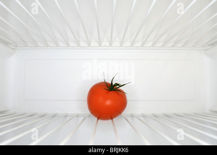 Tomate rouge unique assise sur la durée de l'intérieur de réfrigérateur Banque D'Images