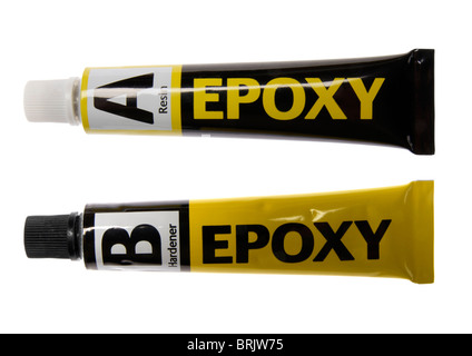 Tubes de colle époxy sur fond blanc Banque D'Images