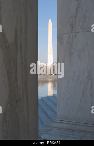 Le Washington Monument vu à travers les colonnes du Jefferson Memorial contre un ciel bleu et la luminosité de l'après-midi Banque D'Images