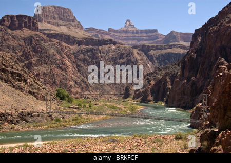 L'Arizona, le Parc National du Grand Canyon, Bright Angel Trail, Colorado River et Silver Bridge Banque D'Images