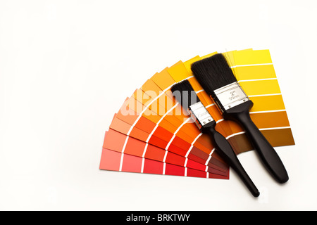 Fan de couleurs du nuancier avec deux pinceaux Banque D'Images