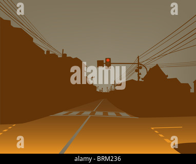 L'illustre la conception de feu rouge sur une rue sombre et vide Banque D'Images