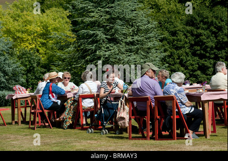 Groupe de personnes prendre des rafraîchissements lors d'une garden party dans le parc d'une grande maison en Angleterre. Banque D'Images