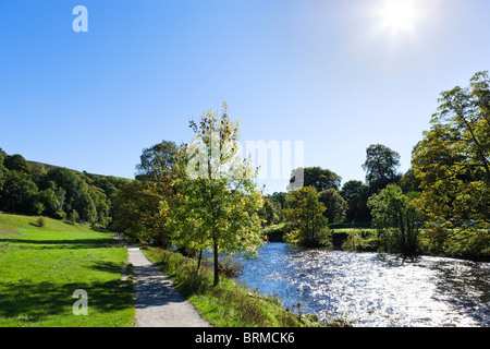 Dales Way chemin le long de la rivière Wharfe près de la Cavendish Pavilion, Bolton Abbey, Wharfedale, Yorkshire, Angleterre Banque D'Images