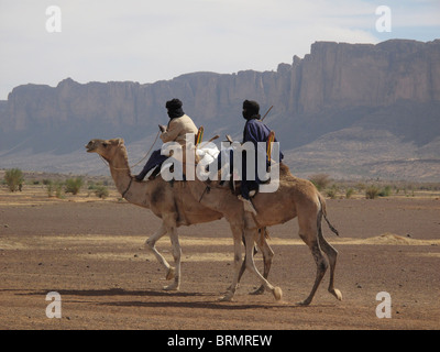 Les hommes touareg chameaux à Bandiagara en arrière-plan Banque D'Images