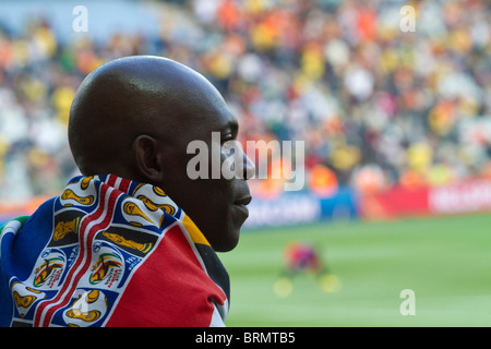 Vue arrière d'un partisan de soccer drapés dans une Coupe du Monde en Afrique du Sud pendant la drapeau de la coupe du monde 2010 Banque D'Images