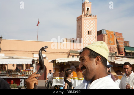 Marrakech : charmeur de serpent dans la place Djemaa el Fna Banque D'Images