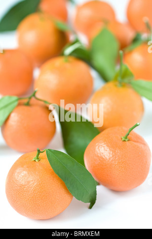 Close up de mandarines mûres on white Banque D'Images