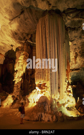 Intérieur de la Cango Caves près de Oudtshoorn - Narel Mclean examine les stalactites et stalagmites Banque D'Images