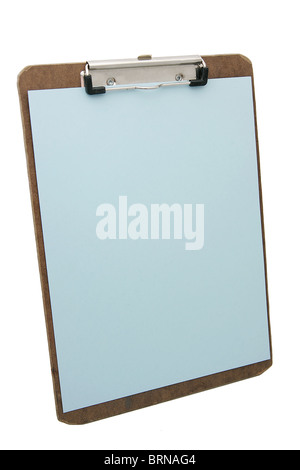 Presse-papiers en bois et papier blanc bleu Banque D'Images