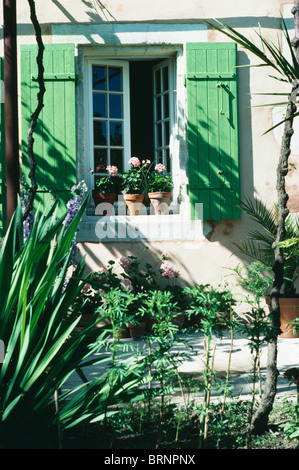 Petit jardin en face de maison provençale avec des volets verts sur fenêtre avec géraniums rose sur la fenêtre-sill Banque D'Images