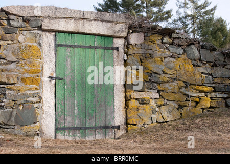 Porte, porte verte, porte en bois vert patiné dans mur de pierre à l'extérieur Banque D'Images