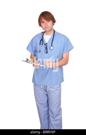 Un homme médecin guy en bleu sur blanc gommages Banque D'Images