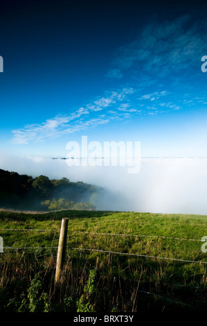 Misty vue depuis le chemin de crête à Coaley Cotswold, Angleterre, Royaume-Uni Banque D'Images