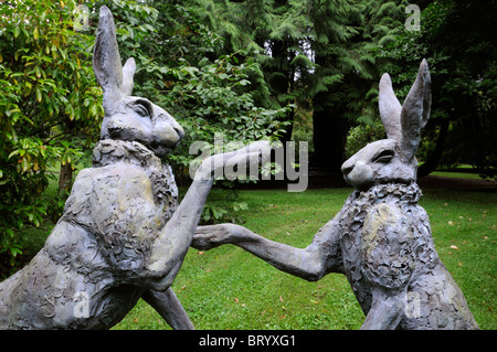 Lièvre lièvres Lepus europaeus paire deux combats de boxe lutte fort peuplement permanent art sculpture pendant la saison des amours Banque D'Images