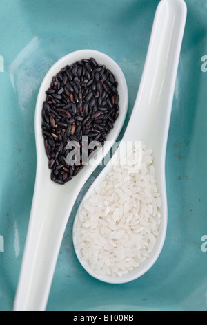 Riz Noir et blanc sur les cuillères Banque D'Images