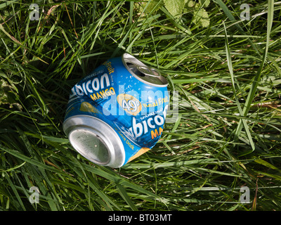 Soft drink écrasés peuvent jeter sur le bord de la route herbeux Banque D'Images