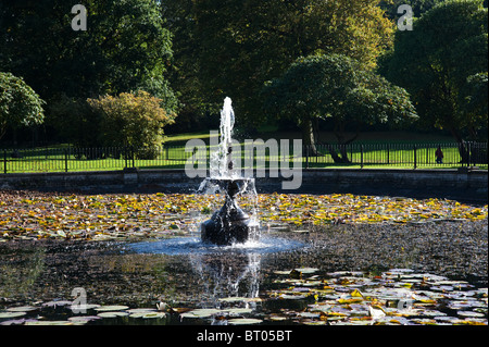 L'étang aux nénuphars et fontaine dans Haigh country park, Wigan Banque D'Images