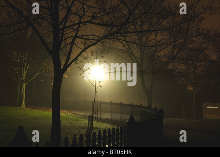 Les arbres et les garde-corps dans une rue victorienne ou édouardienne dans un milieu urbain estate sur une sombre et brumeuse nuit, éclairé par des lampes à gaz Banque D'Images