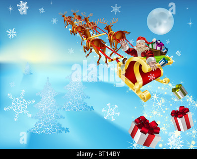 Une illustration du père Noël dans son traîneau, traîneau ou la prestation de ses cadeaux de Noël pour tout le monde Banque D'Images
