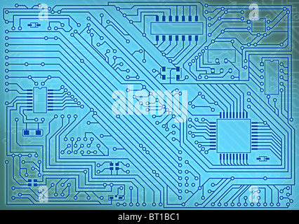 Carte du circuit industriel électronique fond bleu Banque D'Images