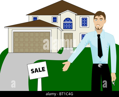 Vector Illustration. Un agent immobilier avec des clefs publicité une maison à vendre. La version 4 de 6. Banque D'Images