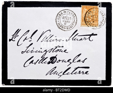 1880 deuil français Lettre de la gare de Cannes à Castle Douglas, île de Man - route rares et UK destination. Banque D'Images