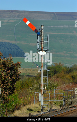 Les signaux de sémaphore de fer à 'Clear'. Garsdale, Settle-Carlisle Railway, Cumbria, Angleterre, Royaume-Uni, Europe. Banque D'Images
