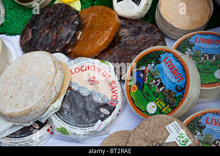 Affichage de fromages français avec des figues en arrière-plan Banque D'Images