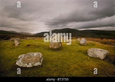 Le reste de la société's Cauldron standing stone circle le Machrie Moor, Isle of Arran, Ecosse, Royaume-Uni Banque D'Images