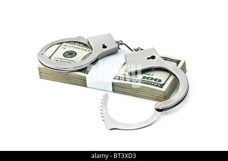 Menottes et dollars isolated on white Banque D'Images