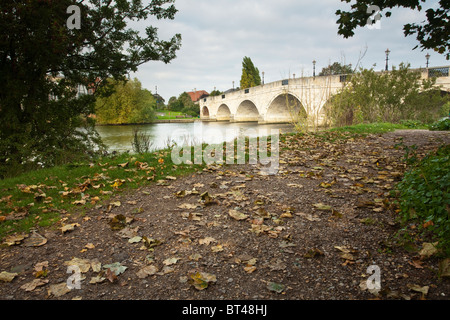 Chertsey Pont de la Thames path à l'automne, Surrey, UK Banque D'Images