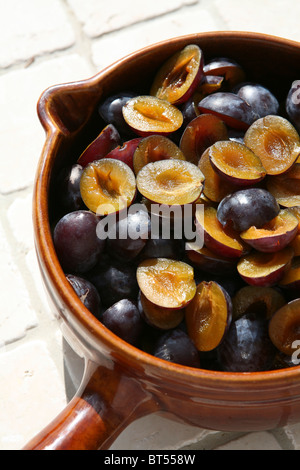 (Prunus domestica subsp. Insititia) Damsons mûrs frais, coupés en deux et délaqués, dans une casserole en céramique brune, en préparation pour la confiture de damson Banque D'Images