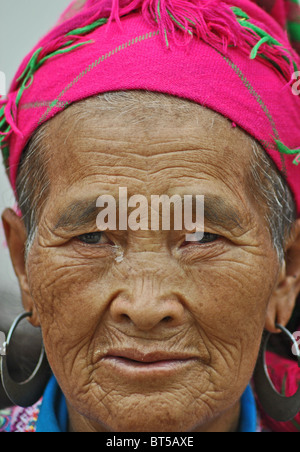 Femme âgée de la tribu Hmong fleurs près de Sapa, Vietnam Banque D'Images