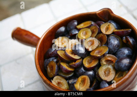 (Prunus domestica subsp. Insititia) Damsons mûrs frais, coupés en deux et délaqués, dans une casserole en céramique brune, en préparation pour la confiture de damson Banque D'Images