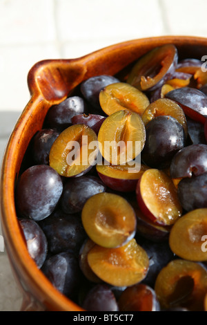 (Prunus domestica subsp. Insititia) Damsons mûrs frais, coupés en deux et délaqués, dans une casserole en céramique brune, en préparation pour la confiture de damson Banque D'Images