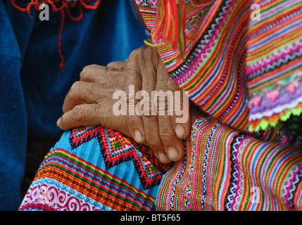 Détail des mains d'une vieille 'tribal' Flower Hmong femme près de Sapa, Vietnam Banque D'Images