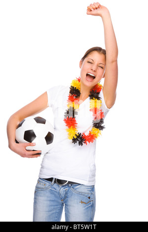 Studio photo de plein isolé une jeune et belle femme avec le football et le drapeau de l'Allemagne Banque D'Images