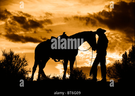 Cowgirl et cheval au coucher du soleil Banque D'Images