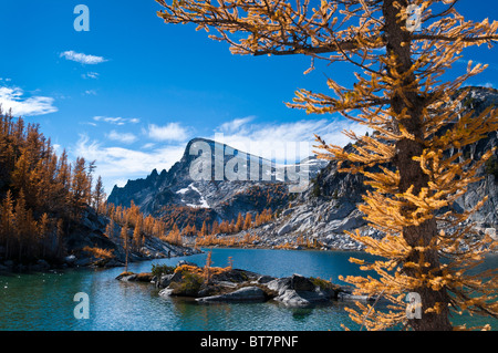 La perfection et le lac de montagne Annapurna peu avec le mélèze arbres dans les enchantements, les lacs alpins Désert, Washington. Banque D'Images