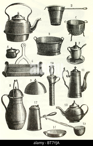 Un ensemble de matériel de cuisine, fer à repasser. Illustration d'antiquités. 1892. Banque D'Images